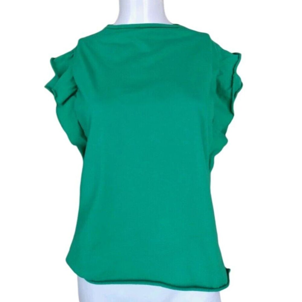 Zara Trafaluc Blouse Woman‎ L Green Top Ruffled Sleeves Hem Less Casual Beach